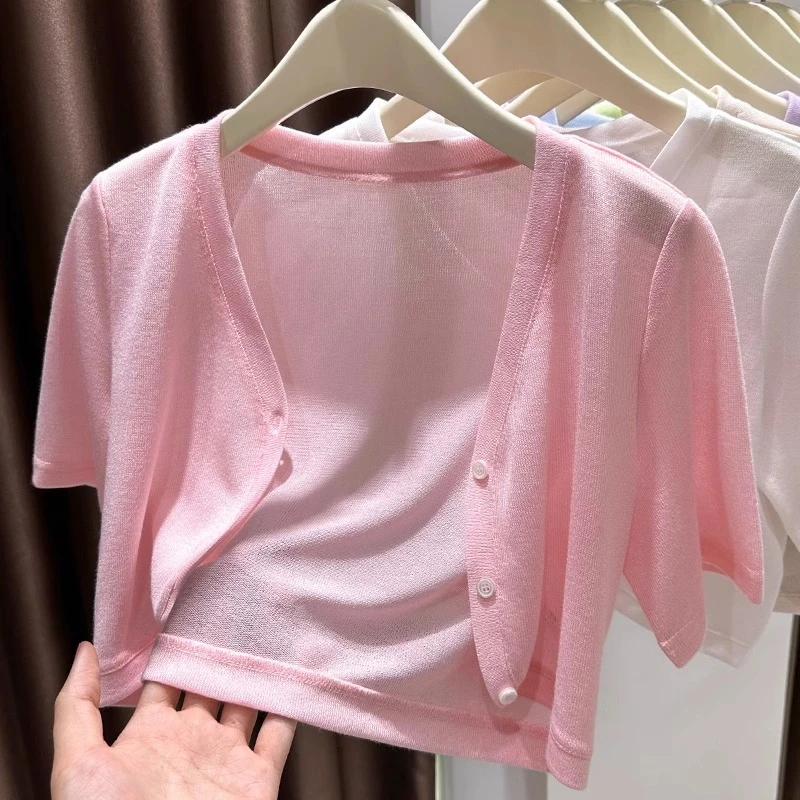 粉色V领针织衫开衫秋季新款短款短袖短款外套上衣薄款外搭小披肩