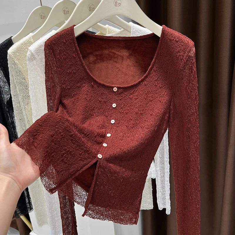 u领加绒蕾丝打底衫女秋冬加厚保暖时尚内搭高档洋气显瘦长袖上衣
