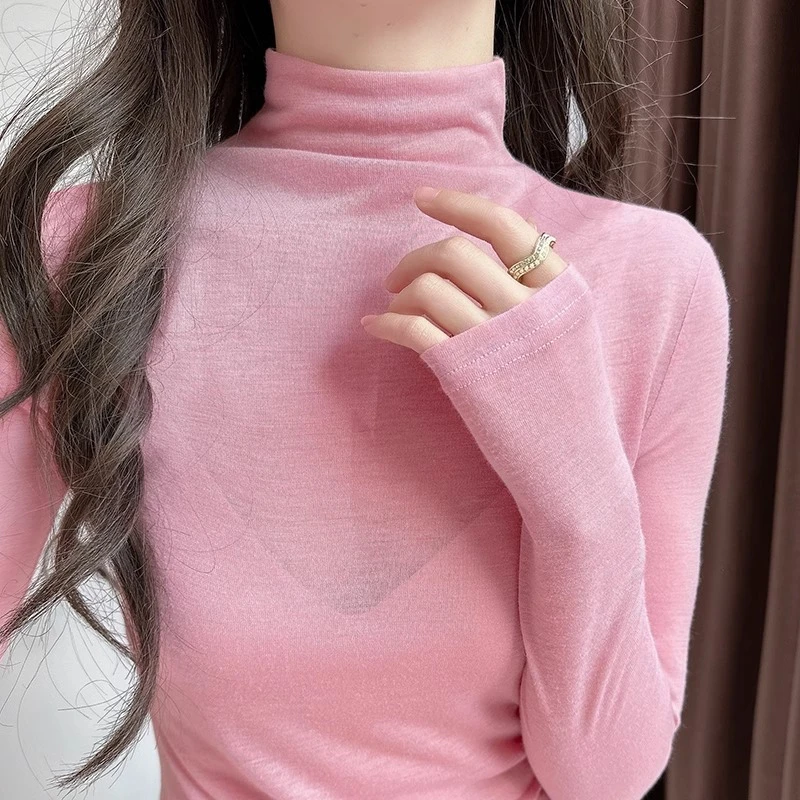 粉色半高领微透长袖打底衫秋季新款基础款修身内搭薄款T恤小衫女
