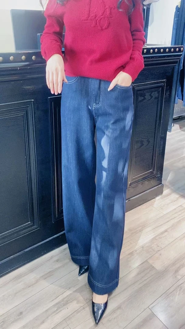 L443500直筒藏蓝牛仔加绒裤