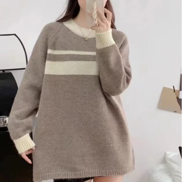 毛衣女秋冬新款韩版小个子慵懒风中长款条纹软糯针织上衣N351