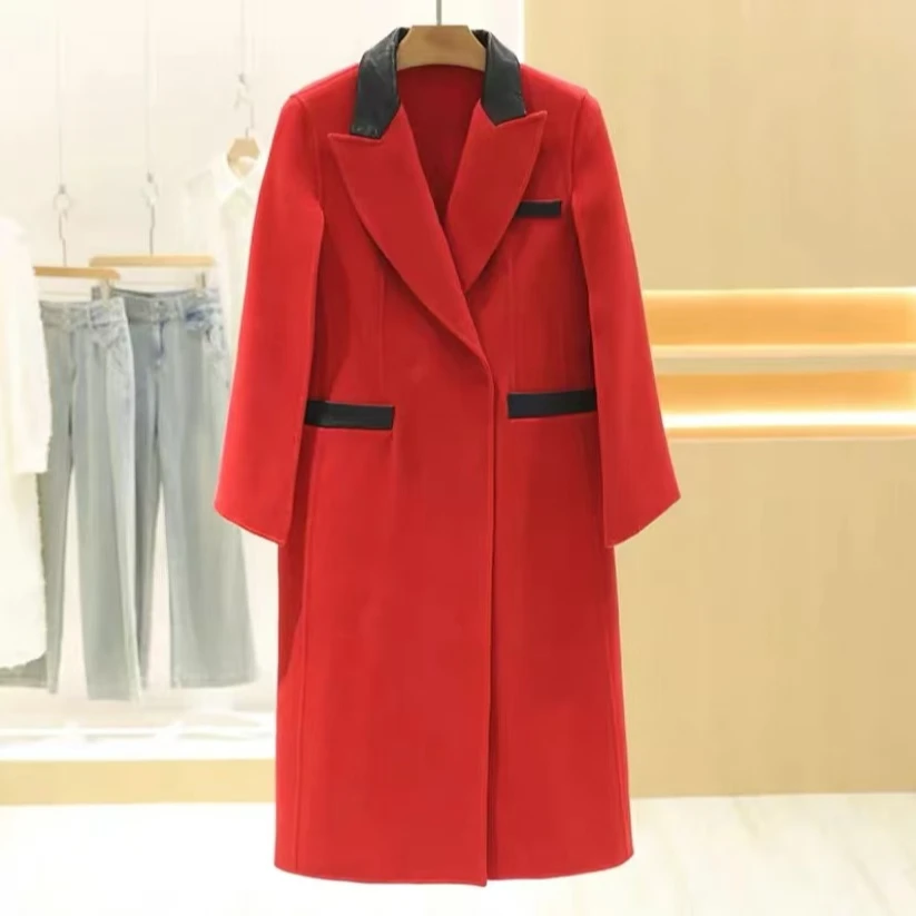 韩版时尚拼色西装领双面呢大衣24冬新款外套女N201