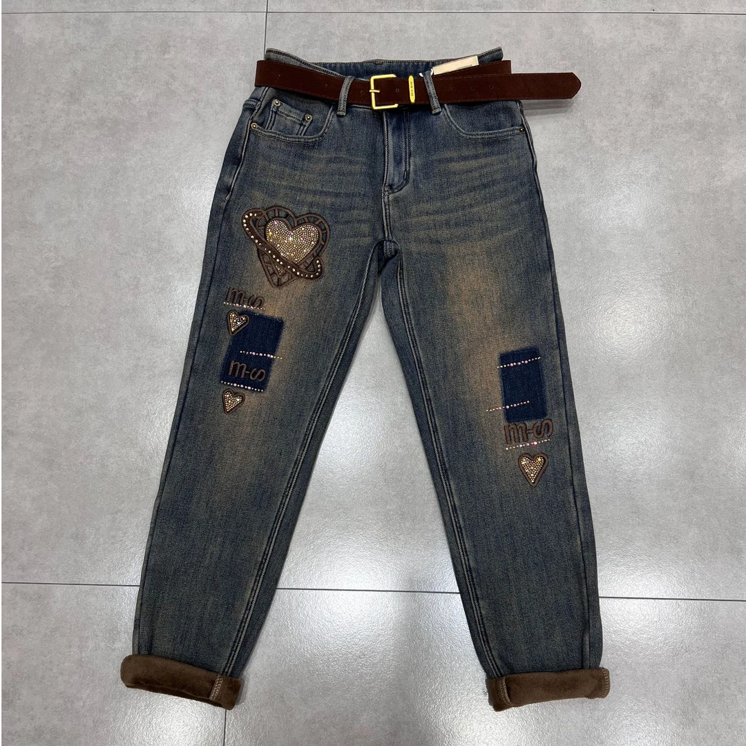 【廷轩甄选】109-1冬装加绒加厚显瘦百搭弹性烫钻刺绣女牛仔长裤