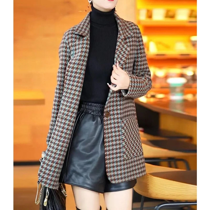 新款时尚洋气显瘦休闲百搭气质格子千鸟格翻领宽松毛呢外套T9633