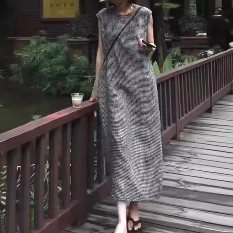夏季新款洋气格纹长款无袖休闲宽松连衣裙女装