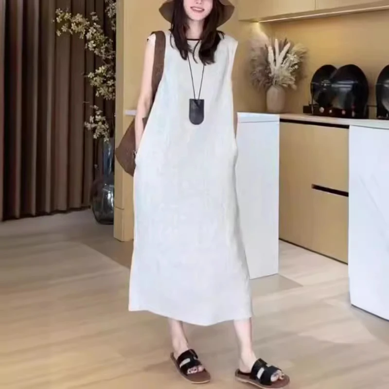 新款时尚简约洋气百搭显瘦无袖宽松纯色长款连衣裙女