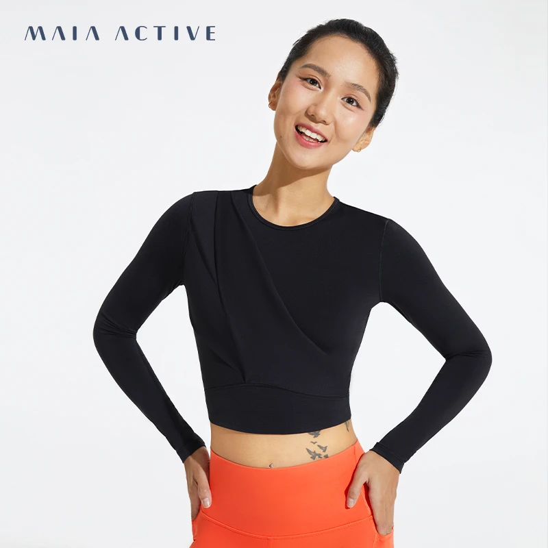 MAIAACTIVE 不对称拼纱紧身长袖运动健身T恤上衣 222TL039