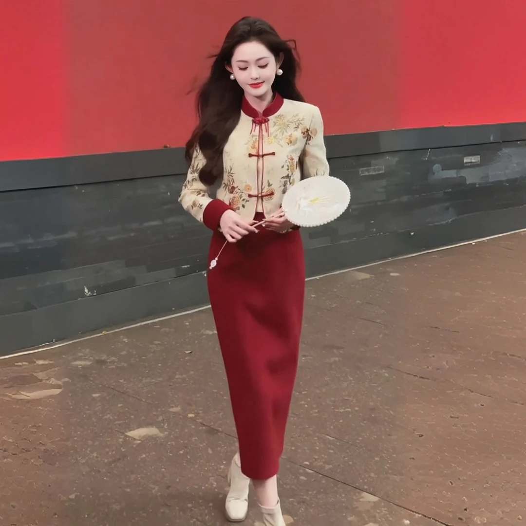 2026秋冬新款新中式高级撞色拼接刺绣棉服外套半身裙时尚国风套装