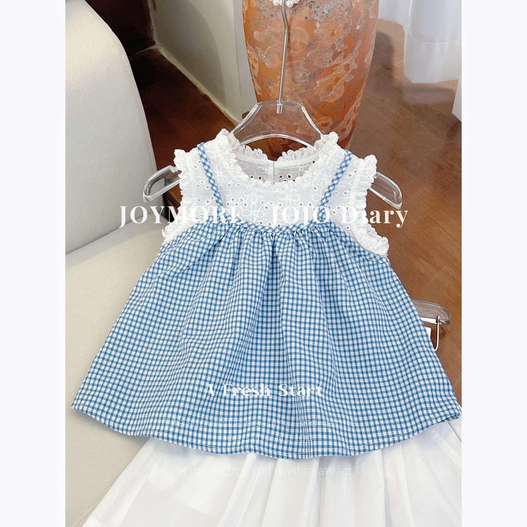 OAOH【不知夏】夏季中大童女童格子百搭假两件韩版洋气上衣C1C375