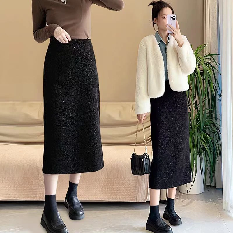 【宝藏衣厨上新】韩版财阀千金小香风高雅黑色设计后开叉高腰半身裙