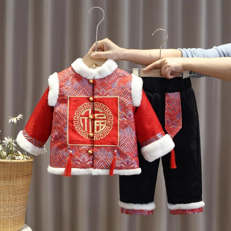 儿童拜年服唐装冬季汉服男童加厚年服中国风新年装宝宝周岁宴礼服