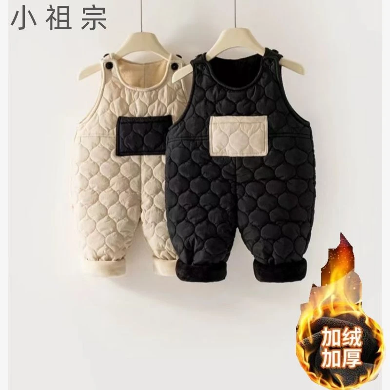 儿童背带裤2023冬季新款可开档加绒加厚保暖宽松男女童连体棉裤潮
