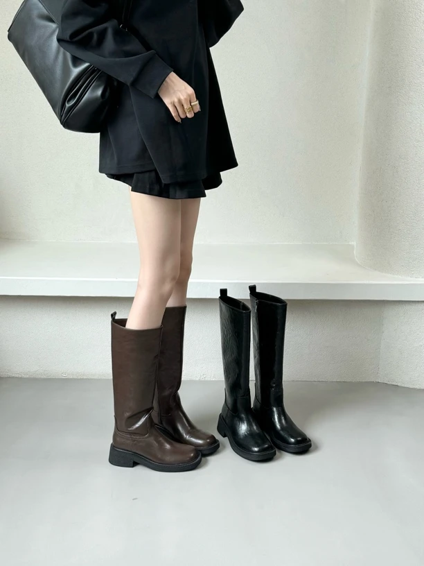 2024秋冬新款高级感肌理感不过膝长靴女复古骑士靴显瘦长靴机车靴
