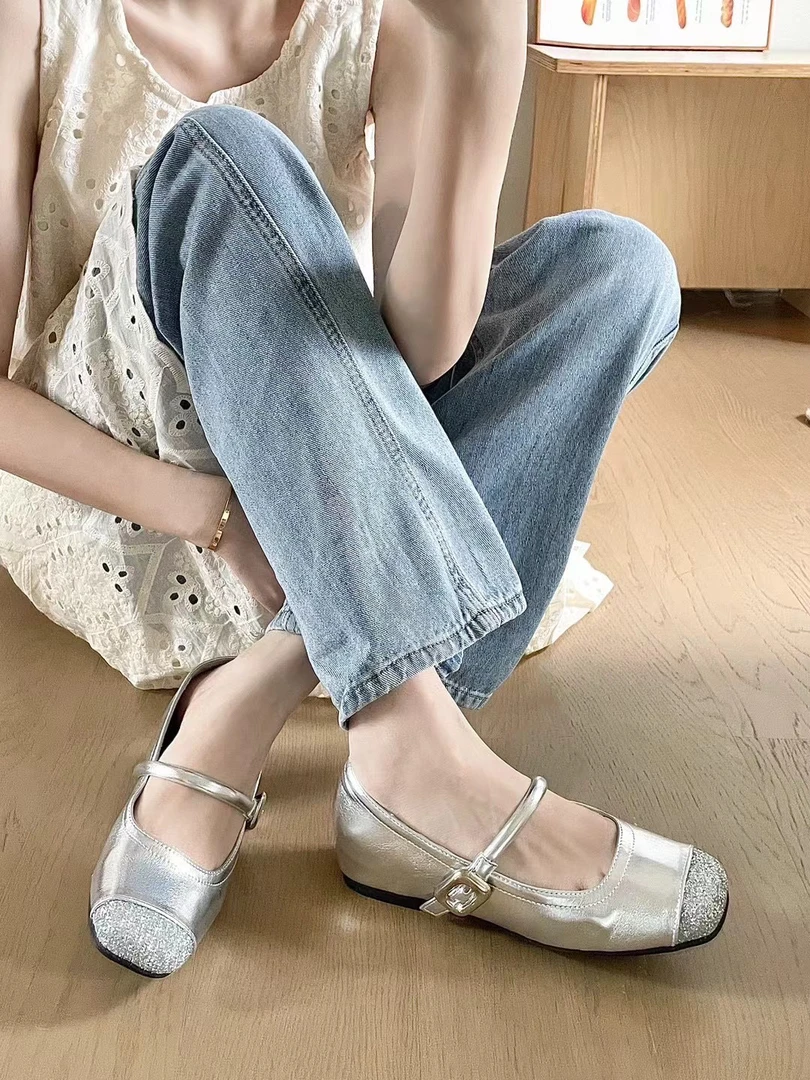 2024秋季小香风银色玛丽珍鞋女复古拼色一字带平底鞋温柔精致百搭
