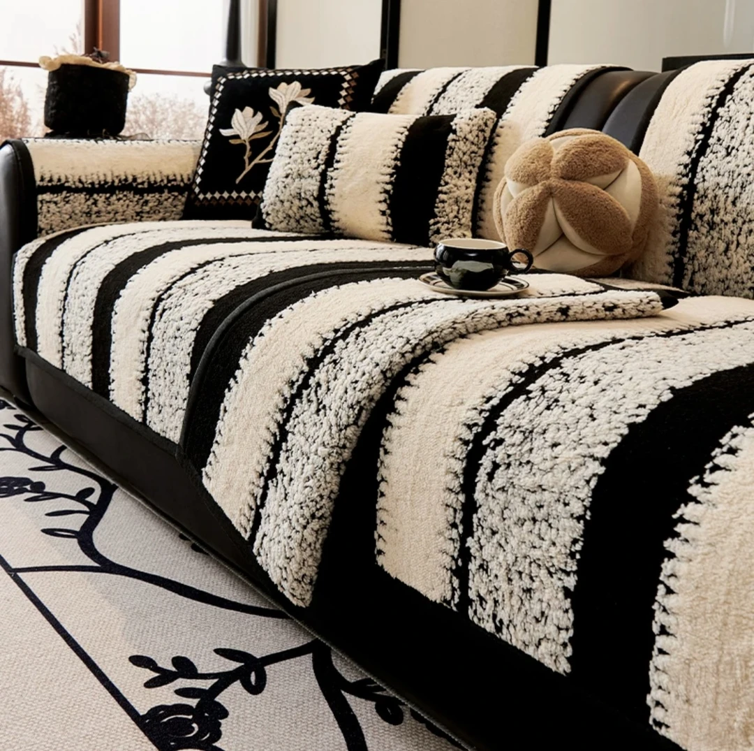 条纹毛绒毯沙发垫通用防滑