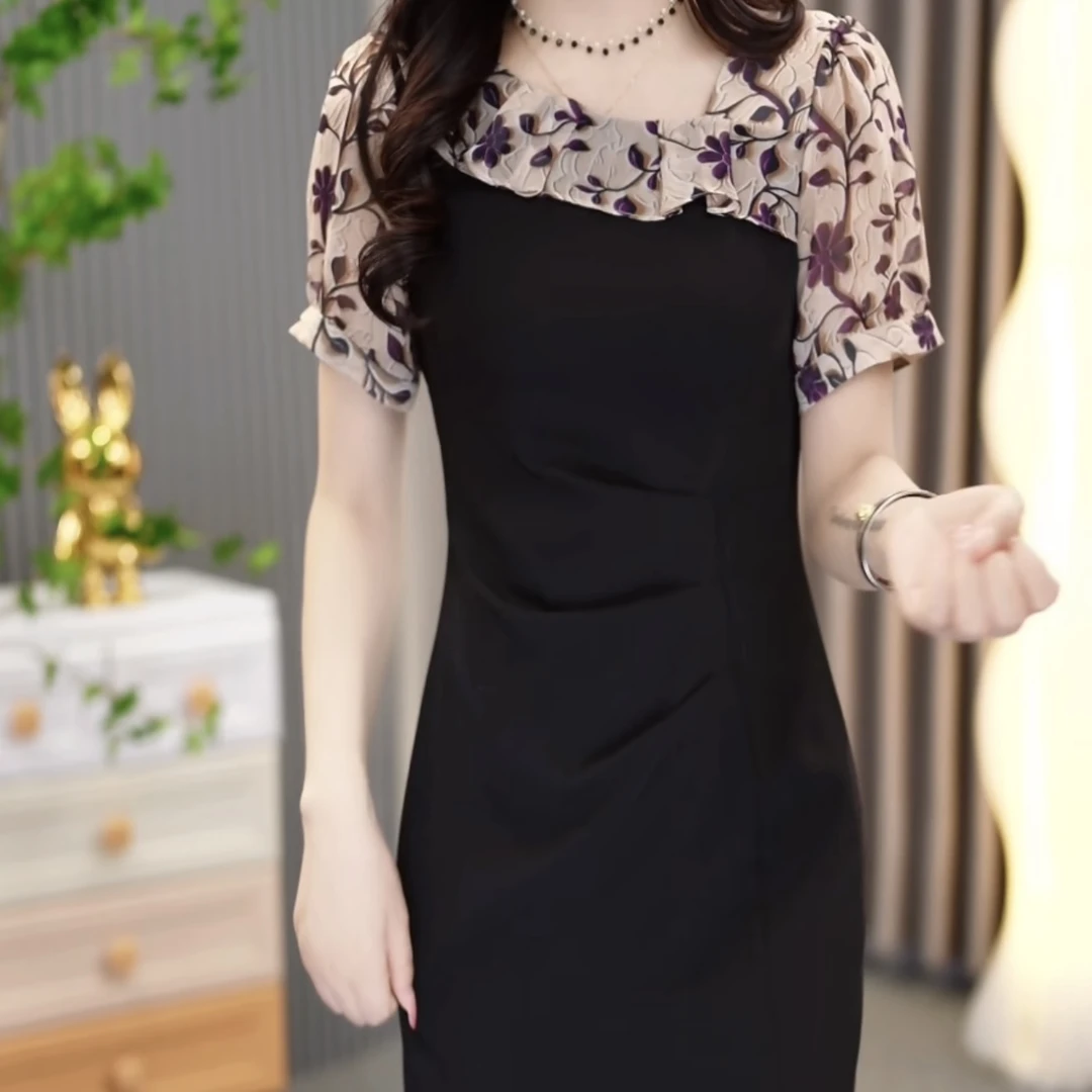 夏季新款气质时尚收腰修身黑色名媛女装连衣裙M-4XL