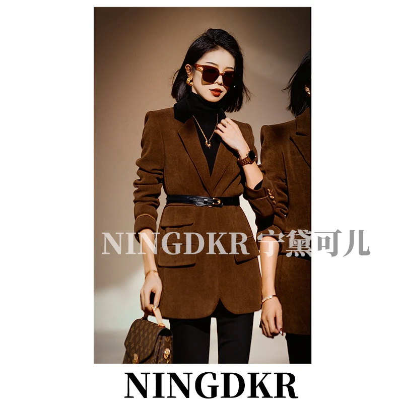宁JN110637复古气质高级感收腰显瘦美拉德灯芯绒西装外套女配腰带