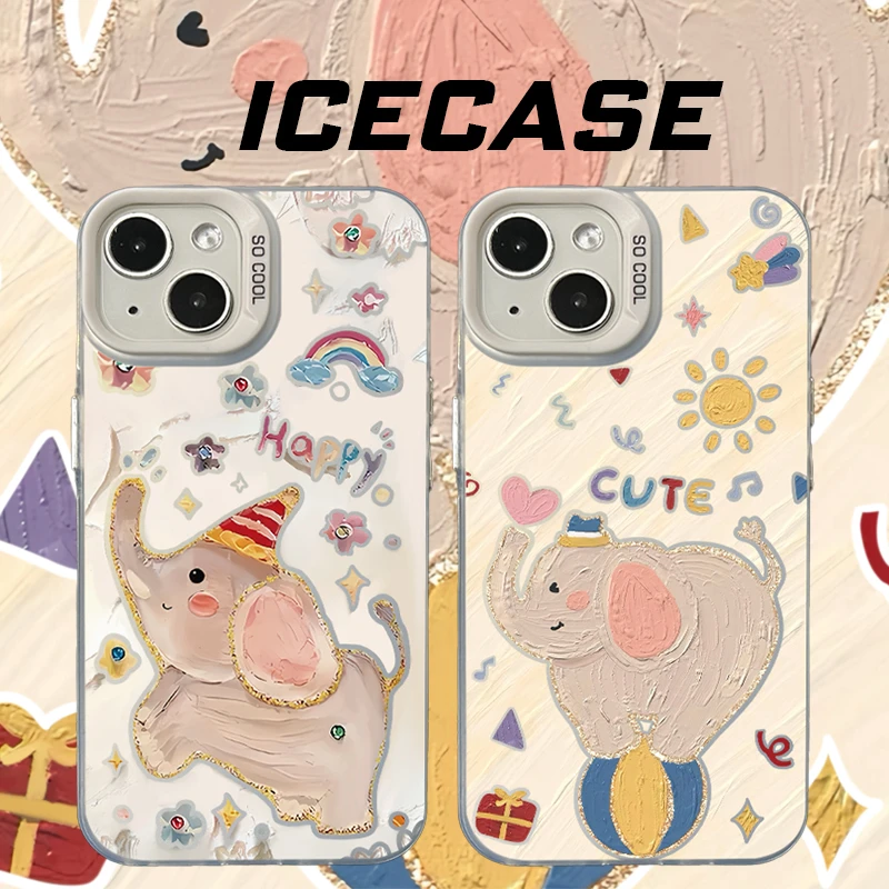 适用苹果15华为小米14油画小象镂空彩银网红防摔ins防摔手机壳