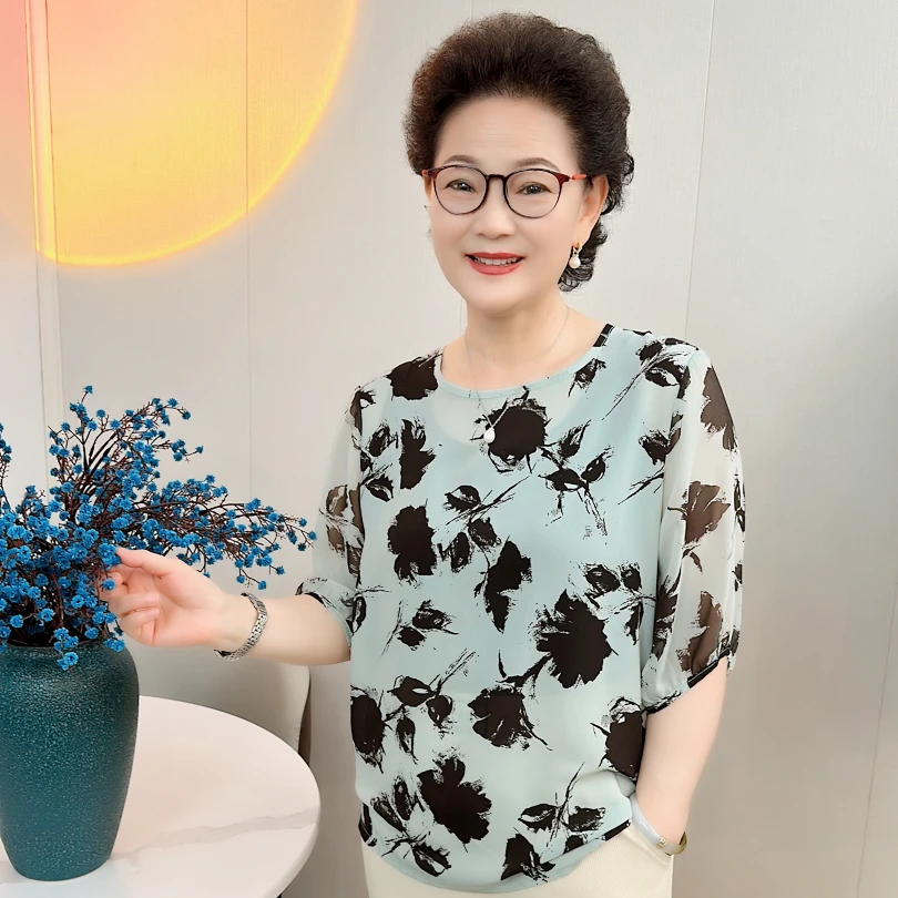 清唐姐优选2024夏薄款妈妈装半袖圆领印花时尚显瘦遮肉上衣qxq023