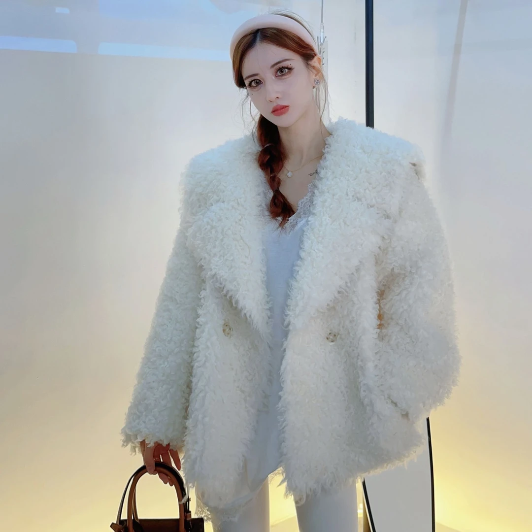 2024新款女100羊毛外套大翻领羊毛外套保暖时尚韩系百搭冬季加厚