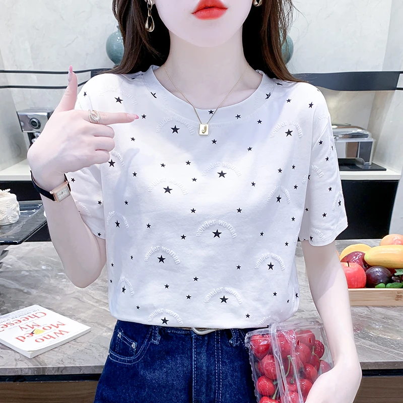 白色t恤女夏季女装新款2025年短袖印花宽松女士体恤显瘦正肩上衣