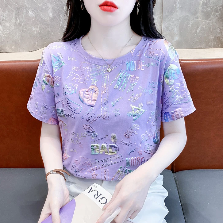 夏季烫金洋气短袖t恤女装2025新款韩版字母印花上衣女潮宽松体恤