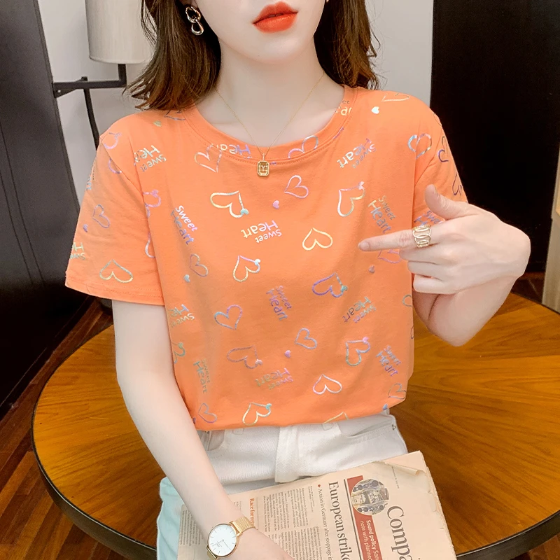女装夏装2025新款韩版洋气高级感别致渐变爱心印花正肩短袖T恤女
