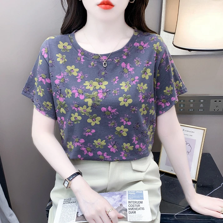 韩版印花灰色短袖t恤女士新款体恤2024夏季女装宽松上衣百搭半袖