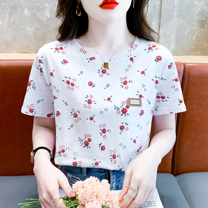 白色短袖女宽松洋气夏装2024新款夏季设计感印花韩版体恤百搭上衣