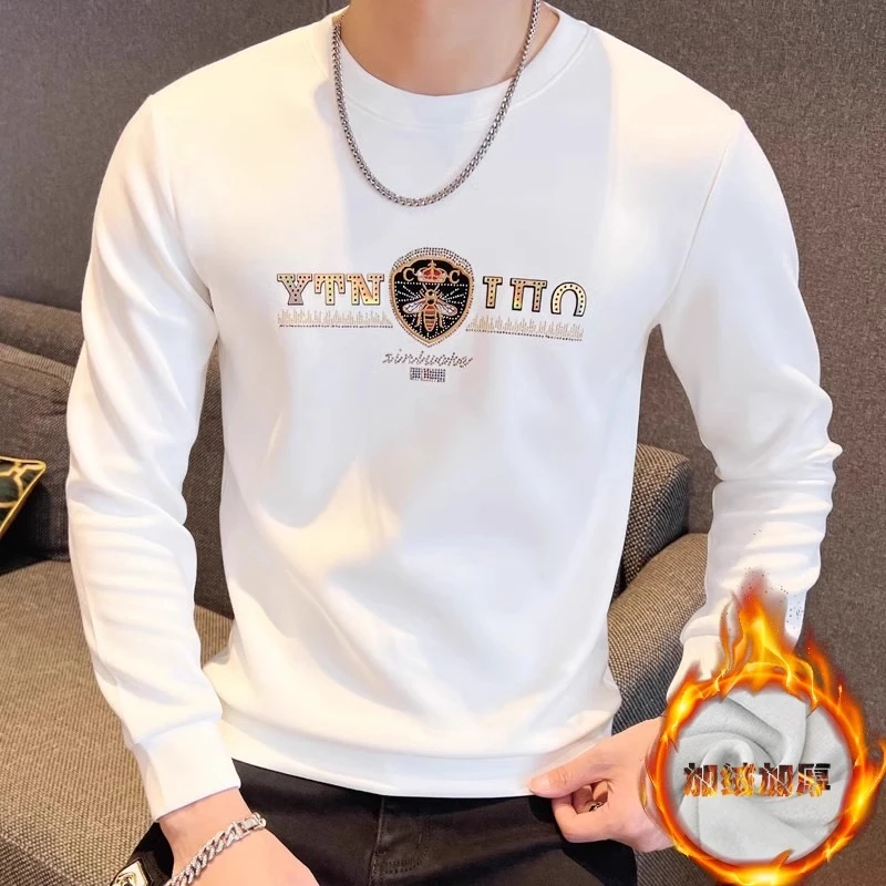 特卡劳锡欧货烫钻圆领t恤男士新款秋冬季卫衣潮牌打底衫加绒修身