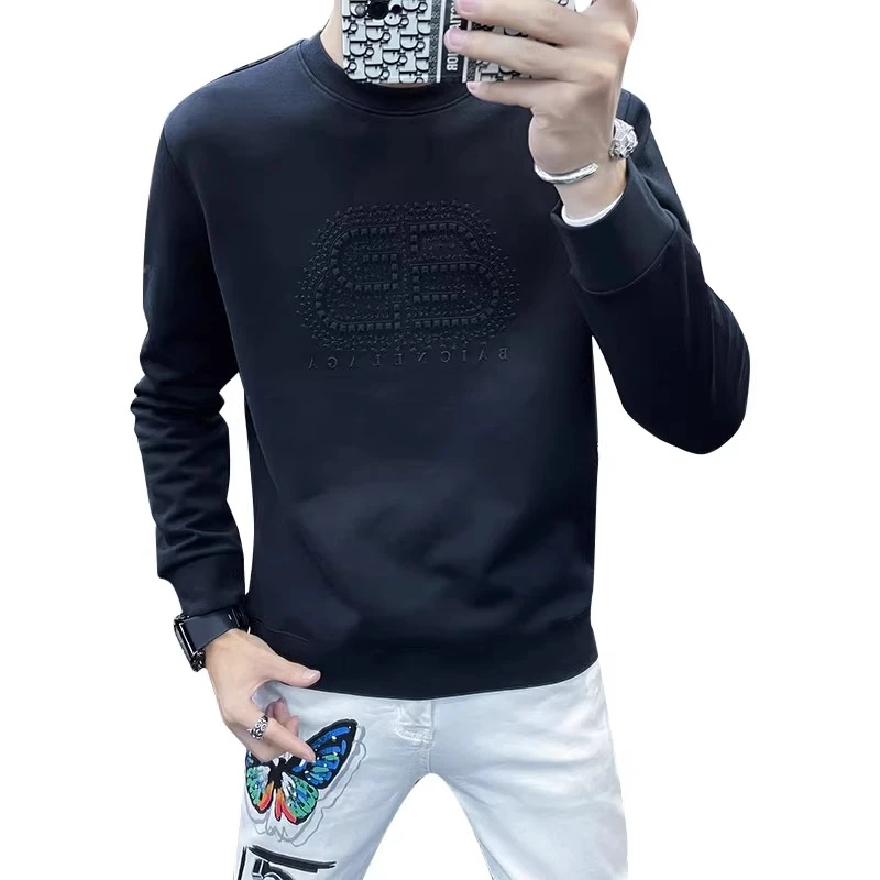 特卡劳锡高端胶印休闲卫衣男新款春秋款潮牌修身男士长袖打底衫男