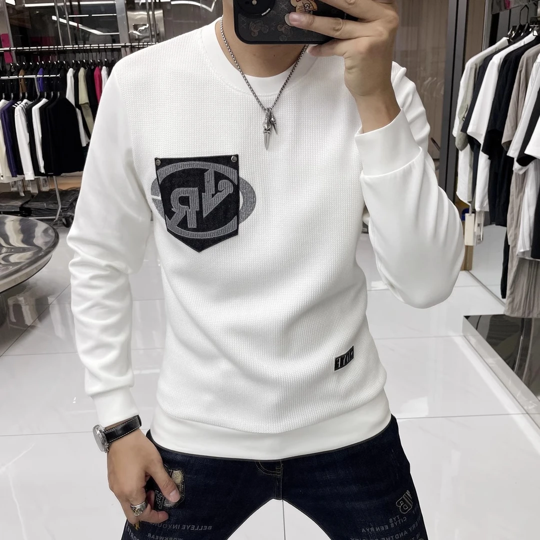 特卡劳锡秋季新款卫衣男修身毛衣拼接印花百搭休闲上衣圆领长袖男