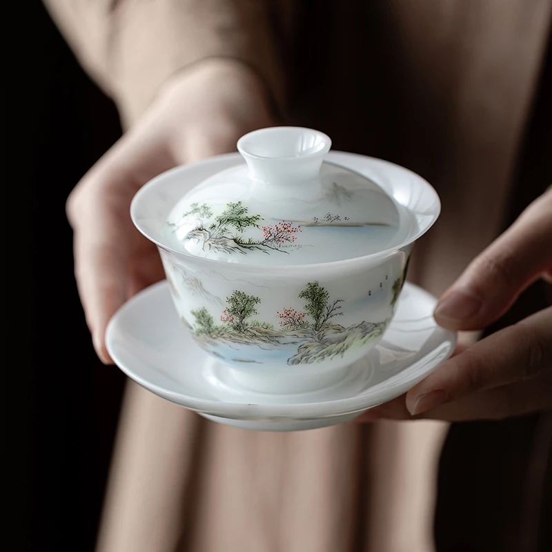 冰种白玉瓷手绘茶具高档盖碗茶杯主人杯中式功夫茶碗三才盖碗简约