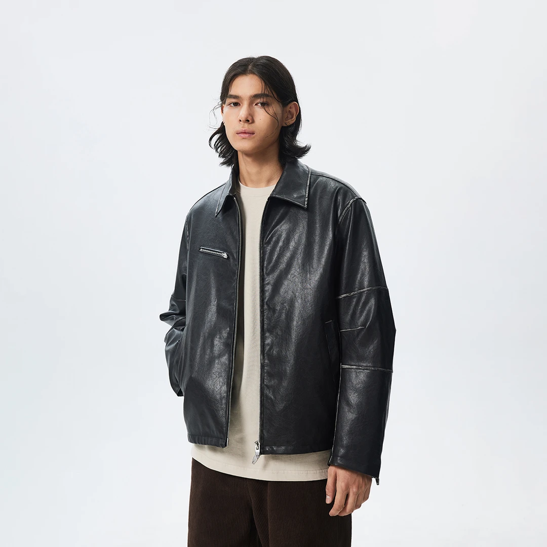 CHINISM赤尘 仿水洗复古做旧pu皮夹克外套男冬季新款