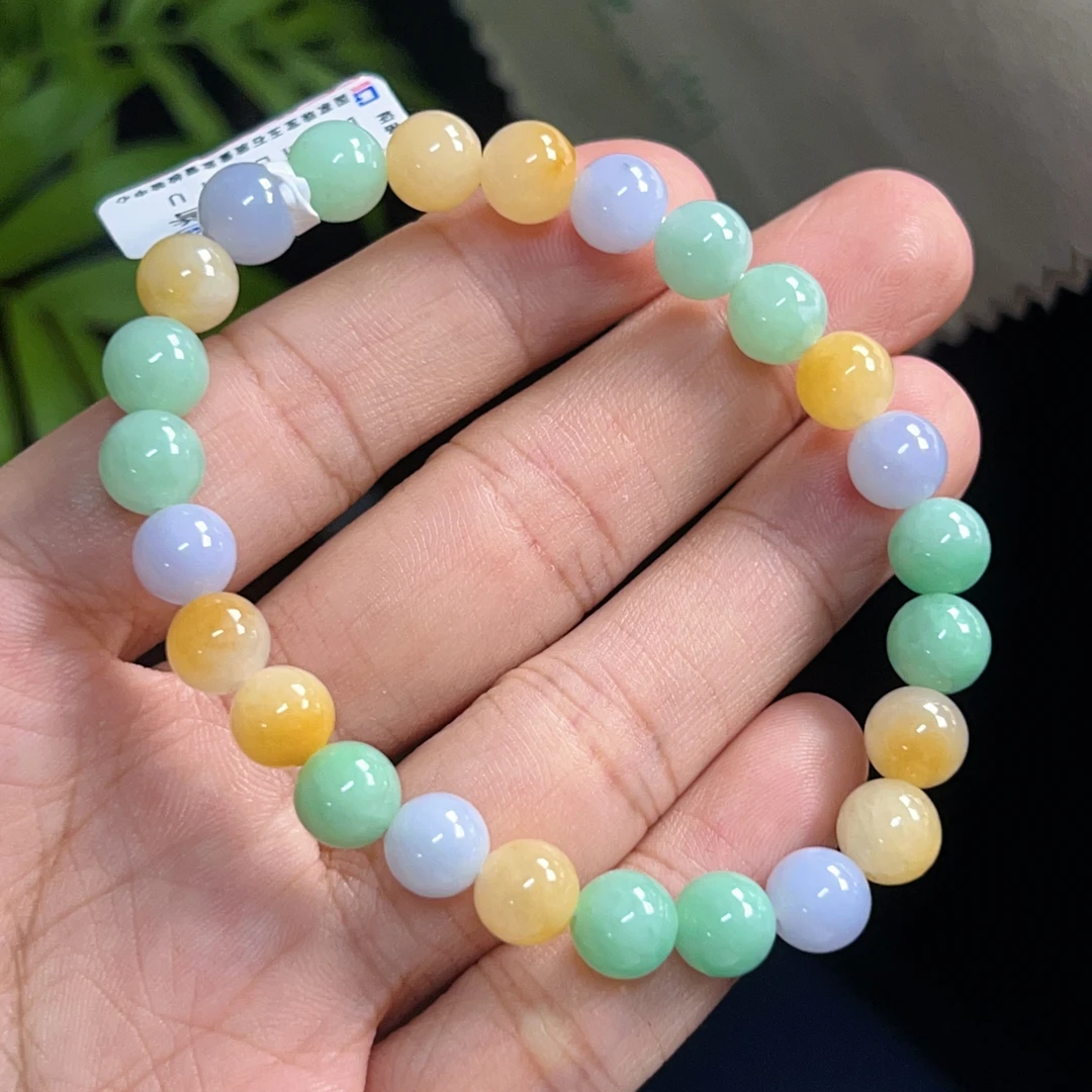 天然翡翠细糯化起胶三彩手串，卡7.3时尚单圈素圈老型