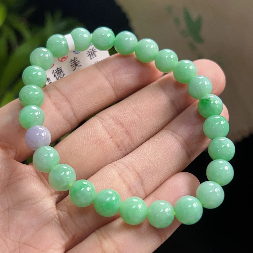 天然缅甸翡翠a货糯冰起胶甜阳绿珠链手串卡女款女士气质老型