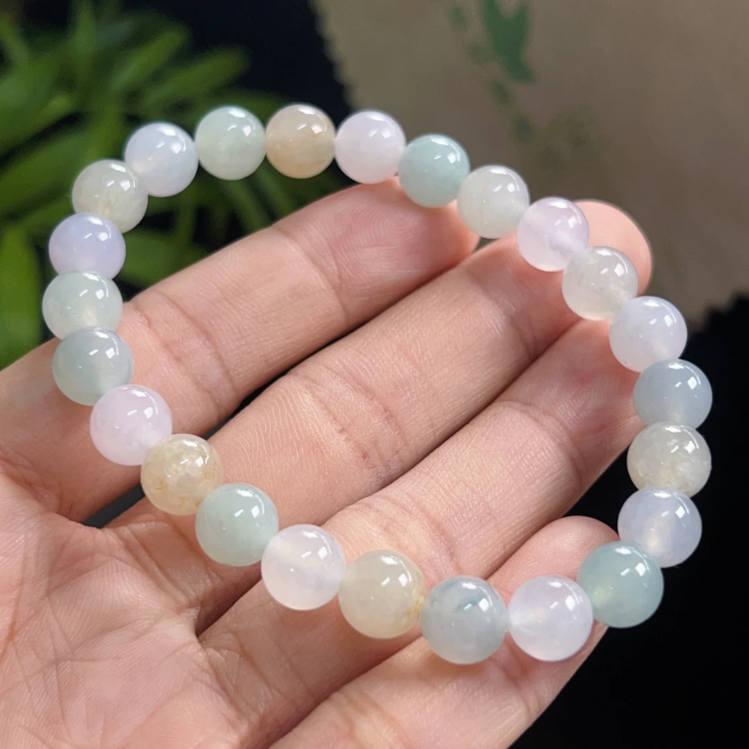 天然缅甸翡翠A货冰种起胶马卡龙珠链手串卡8百搭渐变紫色糖果色