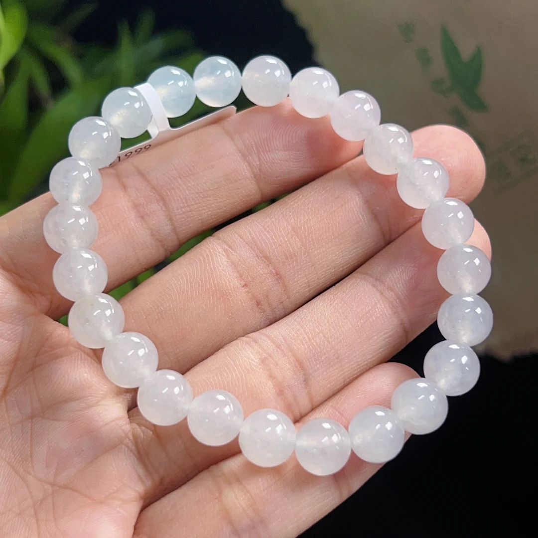 天然翡翠冰种起胶白月光手串珠链卡白色女士闺蜜幽灵