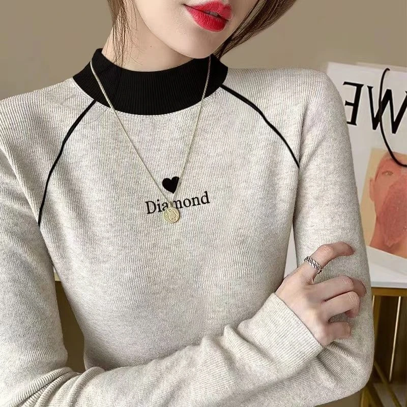 简约撞色长袖双面绒春季内搭打底衫女2025薄款半高领鱼骨显瘦上衣