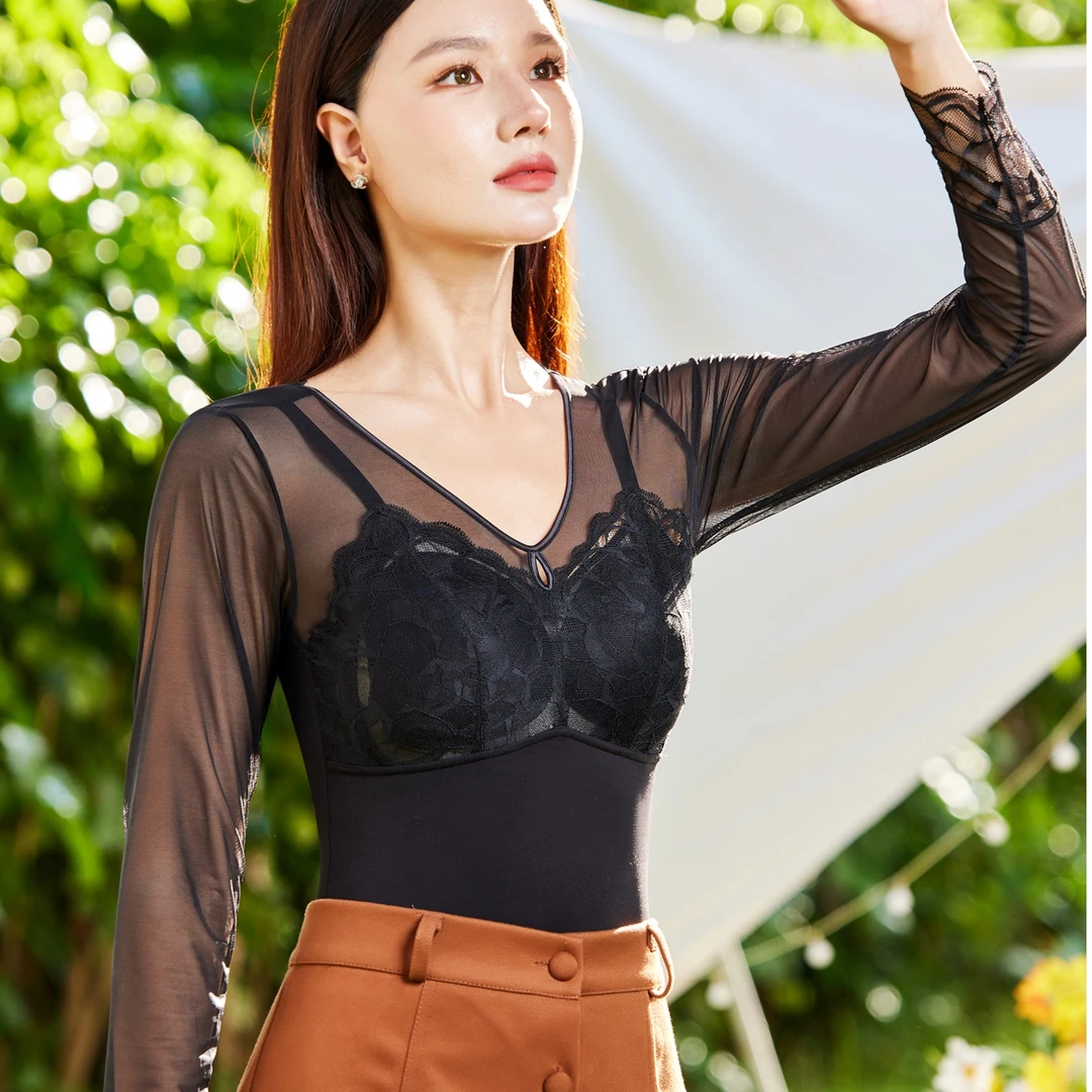 【李翠平】2023秋冬新款桑蚕丝润肤衣蕾丝女神保暖长袖背心6308A