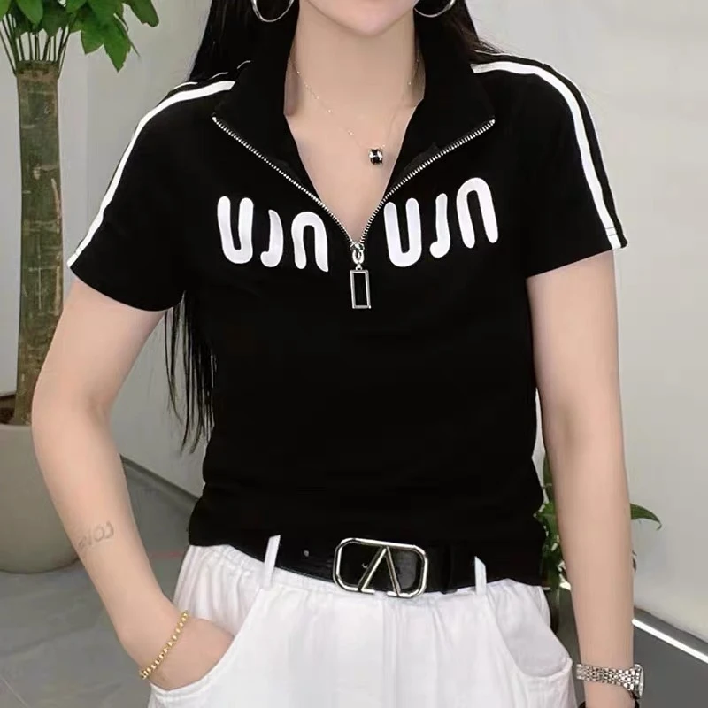 《专柜品质》夏季时尚修身运动洋气显瘦印花半拉链百搭翻领女士T恤