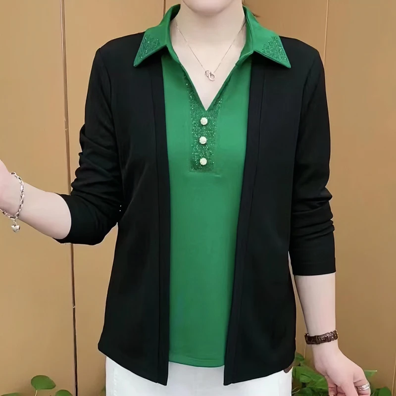 春秋季网红翻领休闲气质显瘦洋气时尚百搭长袖春秋假两件打底衫