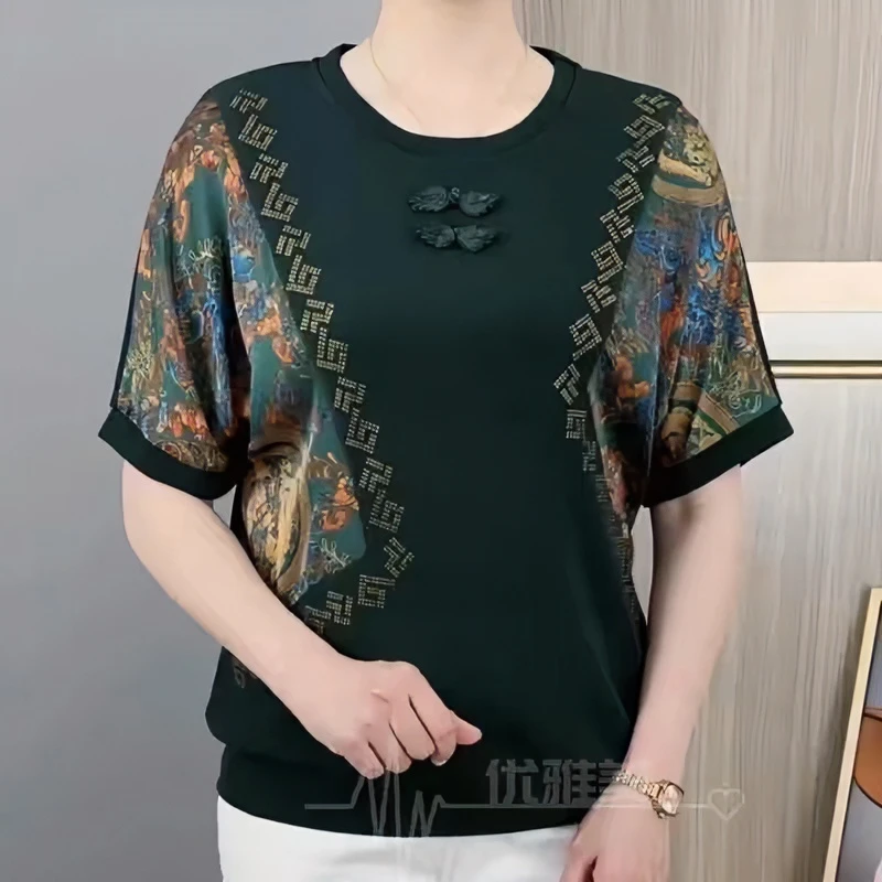 《高品质》夏季时尚烫钻印花优雅显瘦宽松百搭短袖T恤妈妈装上衣