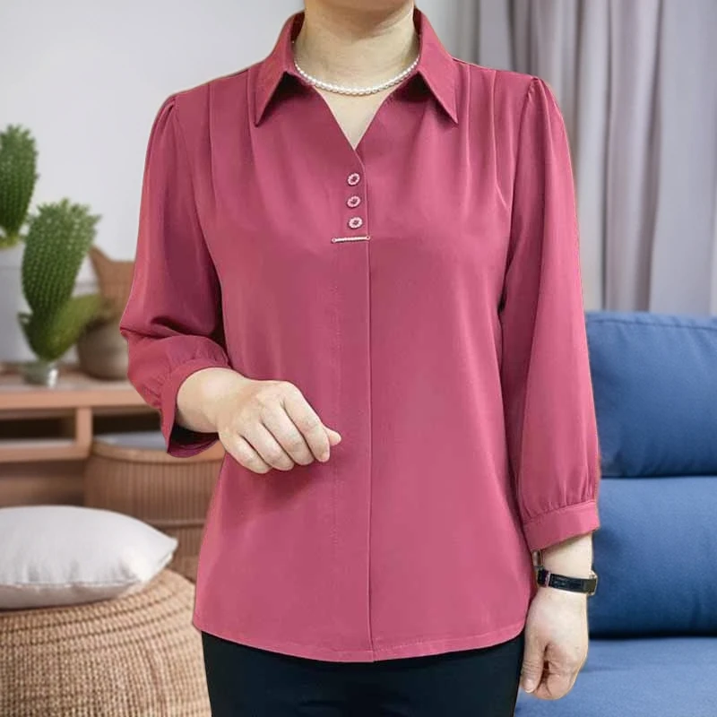 《专柜品质》夏季新款时尚显瘦中老年百搭长袖遮肚妈妈装纯色衬衣