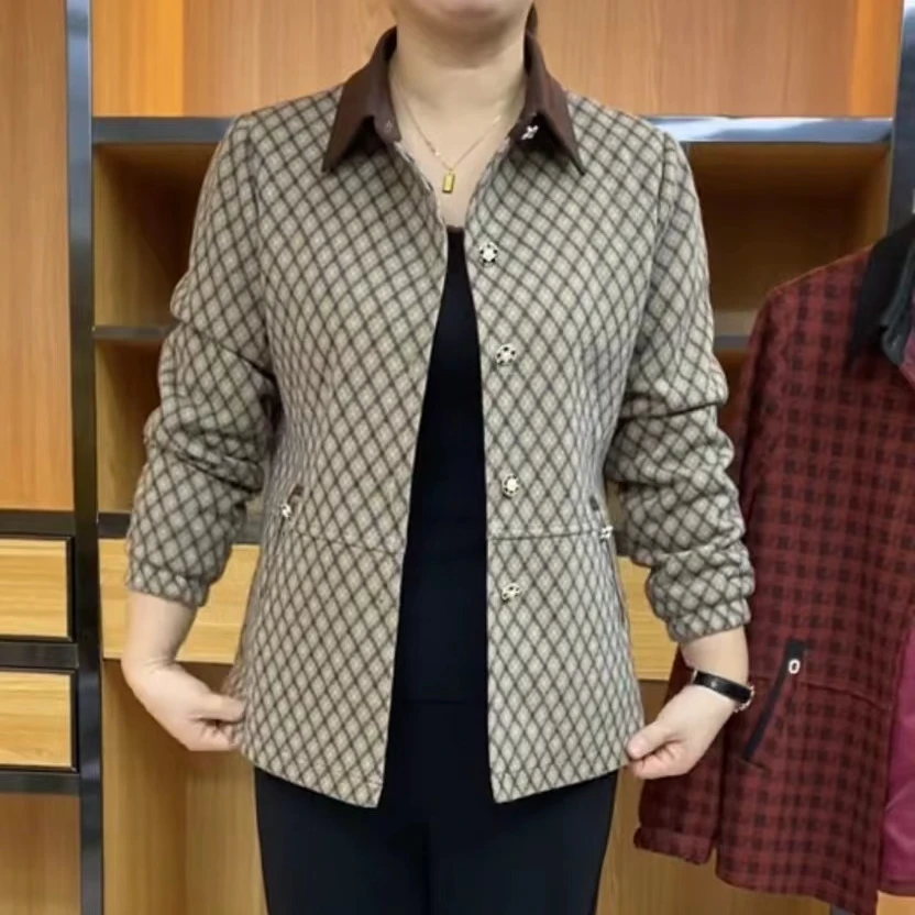 《高端品质》秋季新款时尚百搭休闲宽松格子小方领洋气妈妈外套3