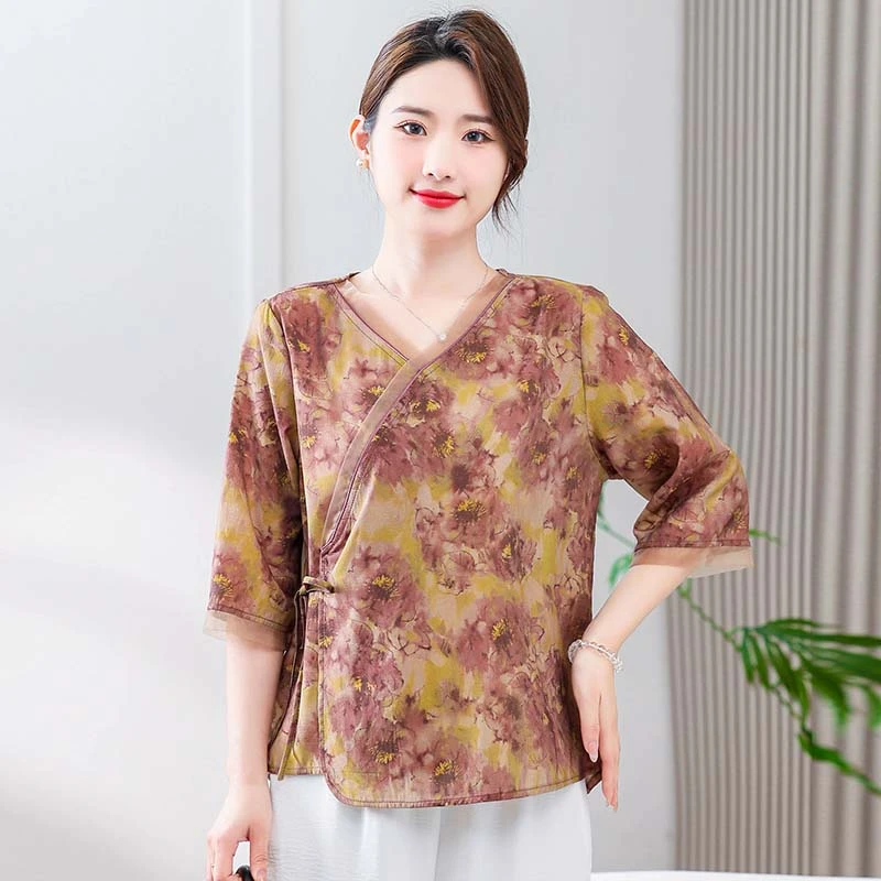 夏季时尚新中式宽松复古民族风中年妈妈装显瘦遮肉上衣女士T恤