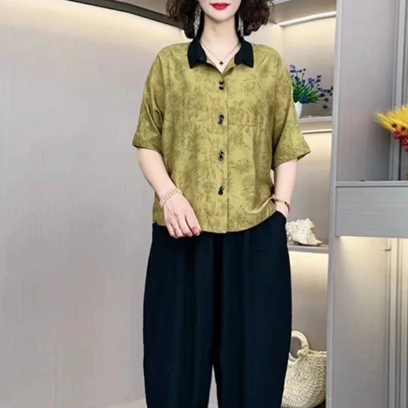 夏季时尚新款宽松减龄显瘦翻领开衫上衣九分裤女两件套中老年套装