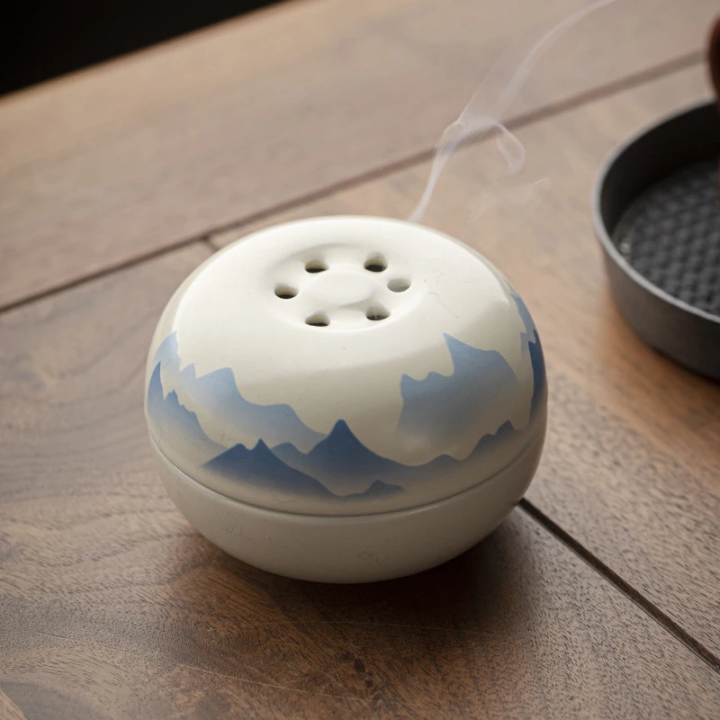 香薰摆件陶瓷中式手绘蓝墨草木灰手绘山水茶桌办公桌家用檀香