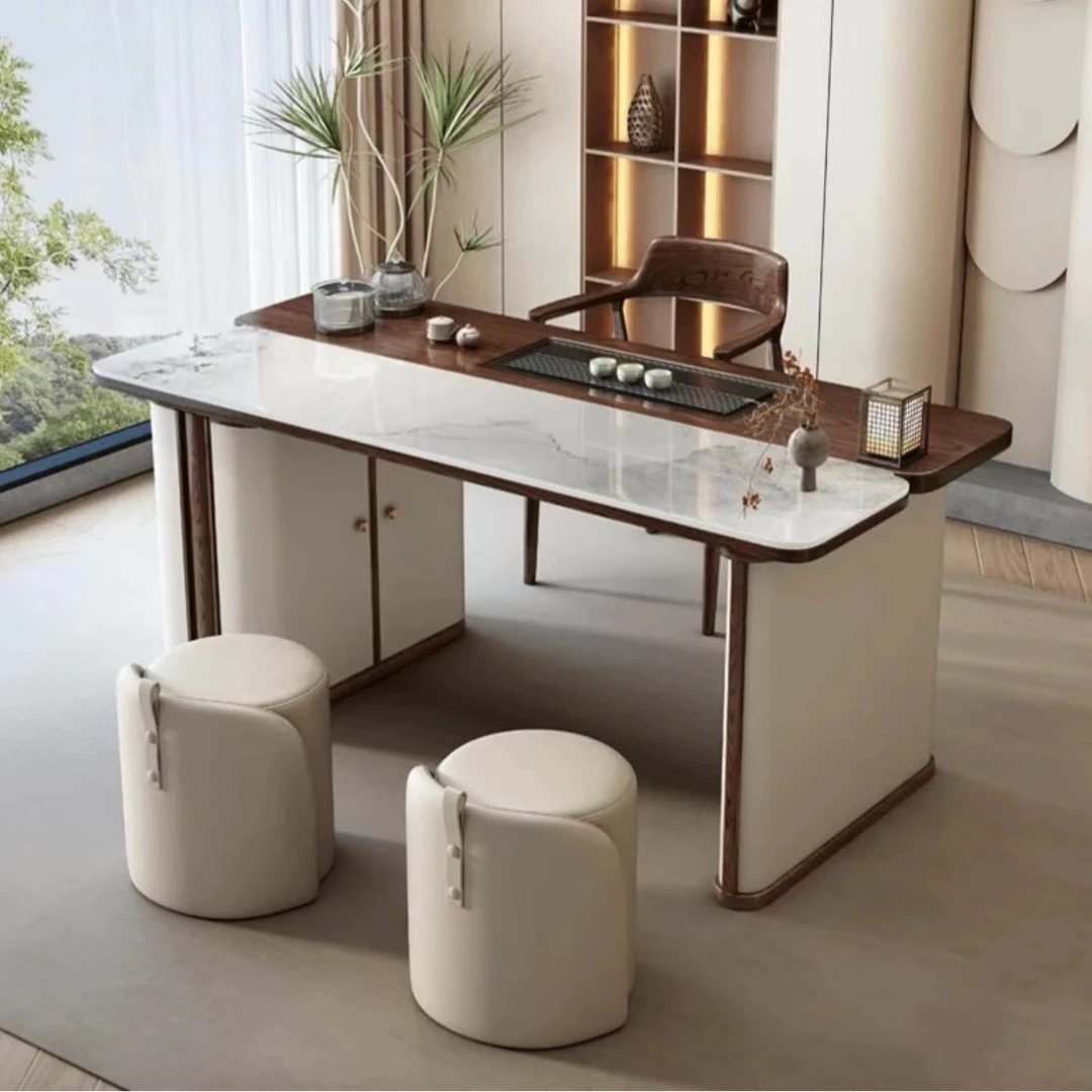 轻奢风白蜡木岩板组合茶桌家用客厅书房阳台简约高端茶台设计师款