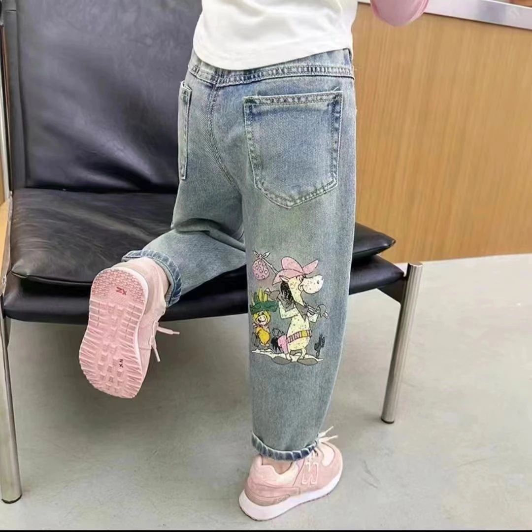 女童2024裤子新款春秋中大童卡通牛仔裤宝宝显瘦休闲长裤百搭外穿